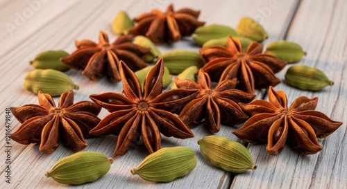 Star anise and green cardamom pods on a wooden background