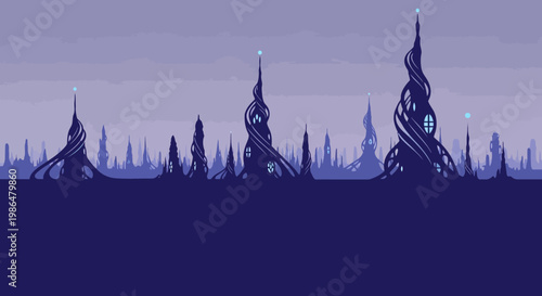 Dusk blue silhouette landscape featuring distant forest and tranquil horizon.