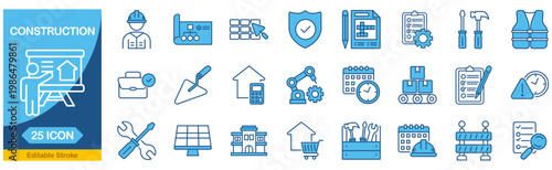 Construction set of web icons In Blue Monochrome. building, tools, land, excavator, contractor, builders. Editable stroke. Vector illustration.
