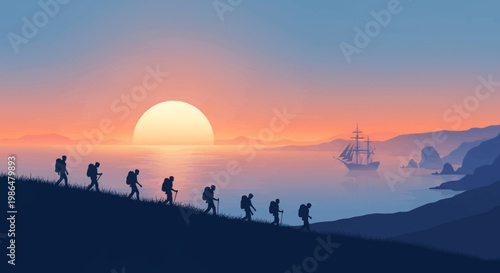 Group of hikers ascending a ridge at sunset creating silhouettes on a distant hillside.