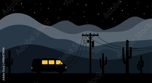 Nighttime desert highway with glowing bus under a starry sky and distant mountains.