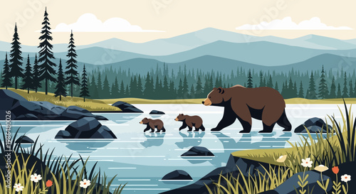 A Family of Bears Crossing a Calm River in a Forested Landscape.