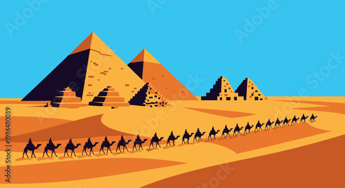 Desert Panorama with Pyramids, Camel Caravan, and Golden Dunes Under a Blue Sky.