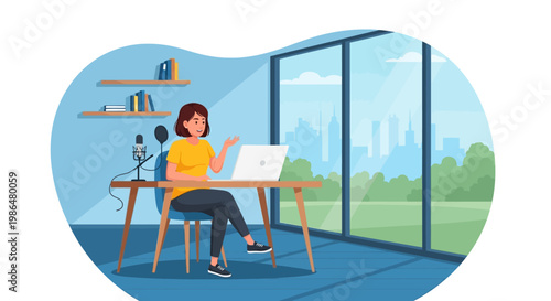 Young professional woman working on a laptop in a modern office with a city view through large windows.