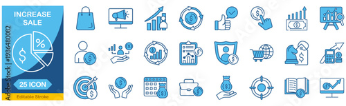 Increase sale web icons In Blue Monochrome. marketing, profit, vision, seo, collection. Editable stroke. Vector illustration.