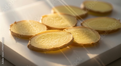 Translucent ginger slices glowing under direct light