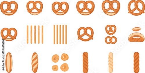 Pretzel and Bread Bakery Icon Set with Sticks, Rolls, and Loaves in Various Shapes for Food, Cafe, and Menu Designs