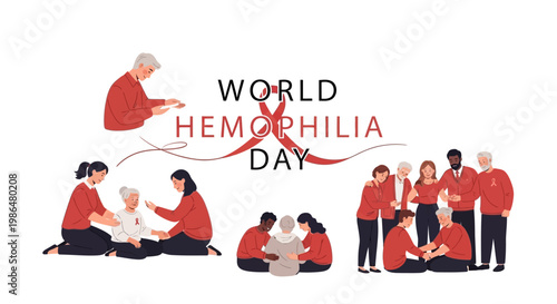 Illustrated vector design commemorates World Hemophilia Day, showcasing a diverse group supporting hemophilia awareness against a clean white backdrop with a prominent red ribbon