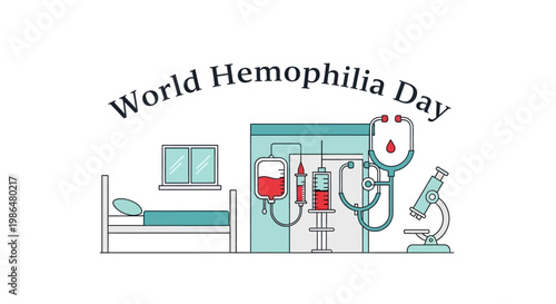 Minimalist vector illustration promoting World Hemophilia Day, featuring medical equipment like a stethoscope, microscope, and blood transfusion bag, set against a clean white background
