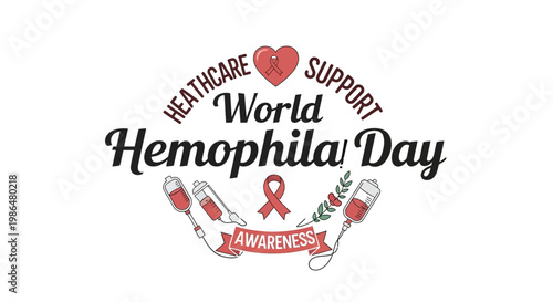Conceptual vector illustration for World Hemophilia Day featuring blood bag graphics, a red ribbon, and supportive text, all displayed against a clean white background with a focus