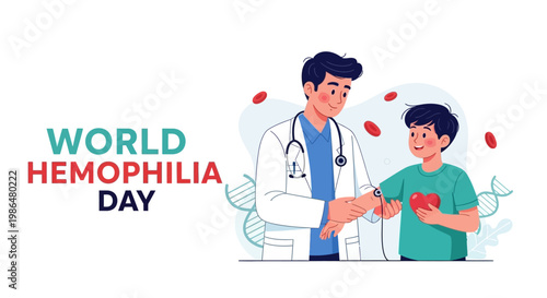 Illustrated design raising hemophilia awareness featuring a doctor shaking hands with a young boy holding a red heart against a white background, promoting genetic disorder illustration