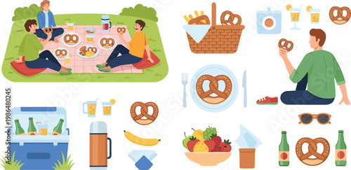 Summer Picnic Scene and Food Element Set with Friends, Basket, Pretzel, Fruits, and Drinks for Outdoor and Leisure Designs