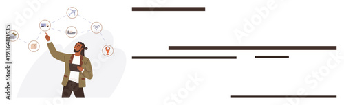 Travel planning, navigation, logistics, scheduling apps, transportation services, tourism. Person interacting with floating travel-related icons on a white background. Travel planning and navigation