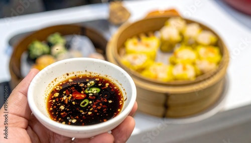 Hand holding a small dipping bowl of soy sauce and chili oil, with dim sum in a bamboo steamer in the background