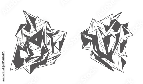 Two abstract geometric shapes with sharp edges and dark gray shading