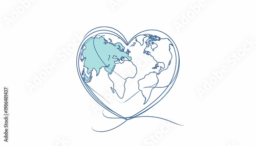 Global Heartbeat A World Map Outline Shaped Like a Heart, Symbolizing Love, Unity, and Connection Across Continents