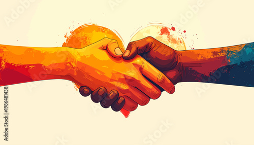 Vibrant watercolor illustration depicting a handshake between two diverse individuals, symbolizing unity, collaboration, and mutual respect with a stylized heart backdrop
