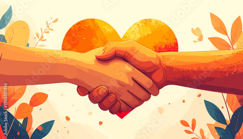 Two hands shaking in front of a heart shape, symbolizing friendship, partnership, and unity, surrounded by floral elements