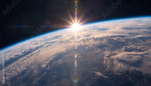 Aerial forest canopy with lightbulb-shaped clearing revealing blue sky, clouds, lightning bolt. Green energy, renewable power, eco-innovation concept.