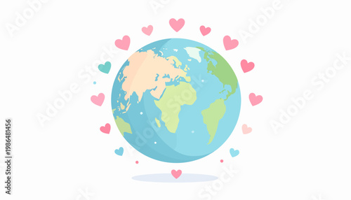 Illustration of the Earth surrounded by pink and blue hearts, symbolizing love, care, and global unity in a vibrant, clean design