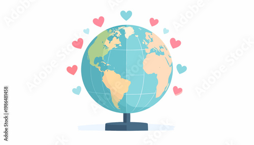 Vibrant flat design illustration of planet Earth globe embraced by floating hearts, symbolizing global peace, love, unity, and environmental care for our diverse world