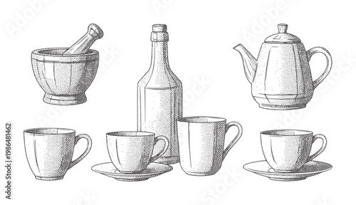 Vintage of kitchenware including teapot mortar pestle bottle and cups