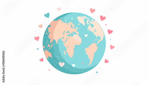 Conceptual illustration of planet Earth encircled by a halo of tiny hearts, symbolizing love and care for our world and its inhabitants