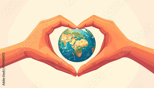Hands forming a heart shape around a glowing planet Earth, symbolizing love and care for our world