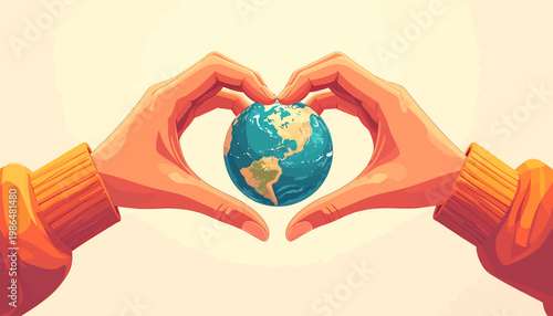 Hands forming a heart shape around planet Earth, symbolizing love and care for our world and its environment