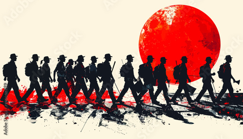 Silhouette of a group of hikers walking towards a large red sun, depicting a sense of journey and adventure