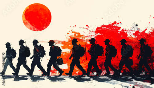 A group of soldiers marching forward under a blood-red sun, symbolizing perseverance and unity in challenging times