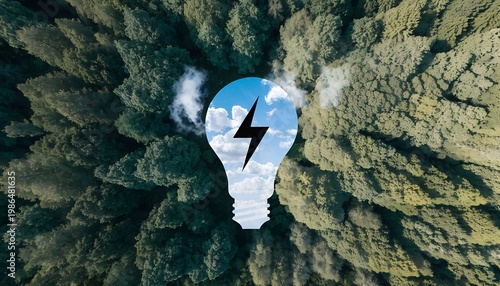 Aerial forest canopy with lightbulb-shaped clearing revealing blue sky, clouds, lightning bolt. Green energy, renewable power, eco-innovation concept.