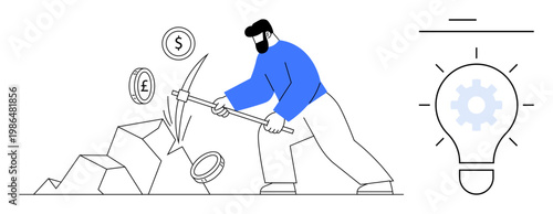 Cryptocurrency, innovation, digital economy, blockchain, financial technology, data mining. A man uses a pickaxe to extract currency symbols, paired with a lightbulb a gear. Cryptocurrency