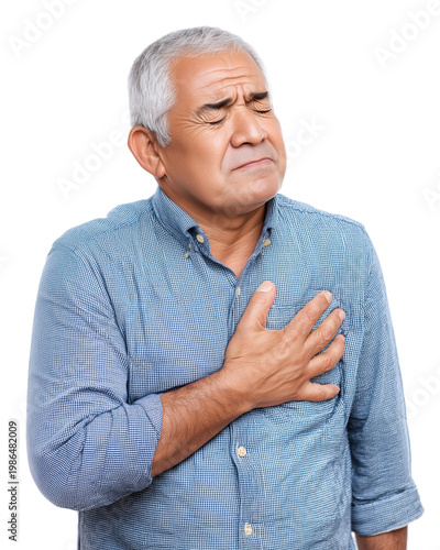 A senior man experiences discomfort, holding his chest while standing. He looks concerned and worried about his health.