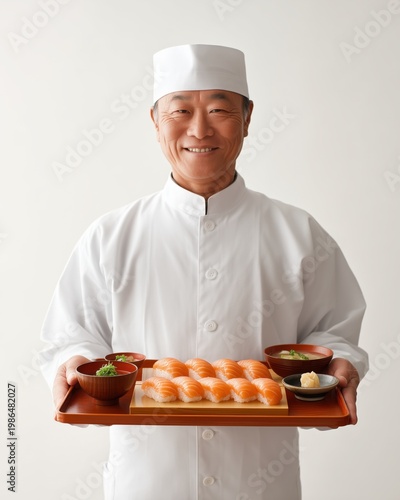 A skilled sushi chef holding a wooden tray filled with salmon sushi and soy sauce, smiling proudly against a white background.