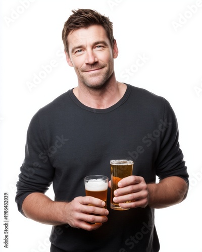 A smiling man holding two glasses of beer, showcasing a casual and cheerful vibe. Perfect for social gatherings or beverage advertisements, white isolate background.