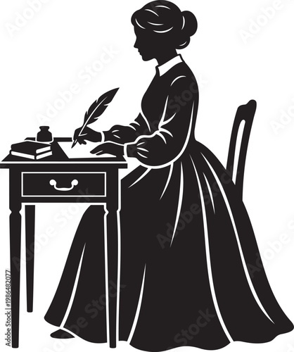 Historical silhouette of a Victorian lady sitting at a desk writing a letter with a quill pen and inkwell classic female author or secretary creative writing vector illustration