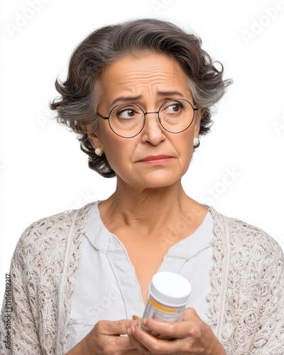 Concerned older woman with glasses holding a pill bottle, expressing uncertainty and contemplation.