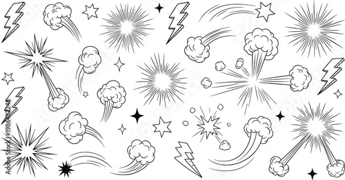 A playful black and white illustration depicts various cartoonish explosion and energy effects scattered across a white background high quality professional detailed modern