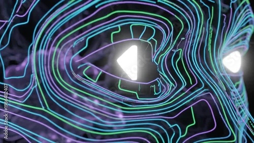 Neon lit eyes with abstract topographic lines.