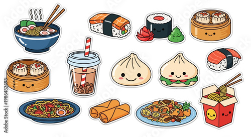 Cute Kawaii Asian Food Icon Set, Vector Illustration of Sushi, Ramen, Dim Sum, and Boba Tea with Happy Faces