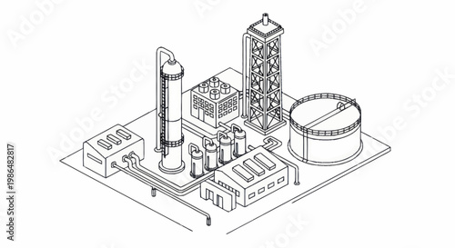 Industrial Oil Refinery Plant Isometric Line Art Illustration.