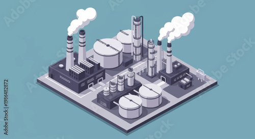 Isometric Industrial Factory with Smoking Chimneys and Storage Tanks.