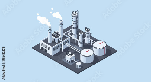 Isometric Industrial Factory with Smoking Chimneys and Storage Tanks.