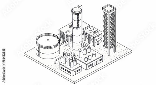 Isometric Industrial Plant Outline Drawing with Storage Tanks and Towers.