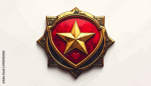 Golden Shield Emblem Featuring a Red Heart with a Banner Across the Front, Symbolizing Love and Protection