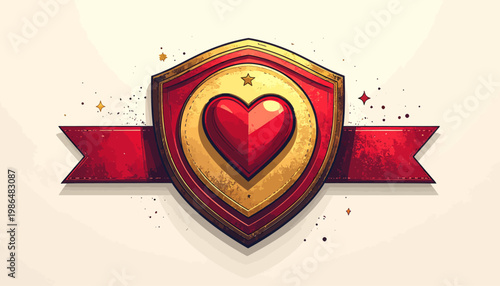 Vibrant red heart centered within a golden, ornate shield emblem with a flowing ribbon banner, symbolizing love, protection, quality, and cherished emotions, ideal for security or romance