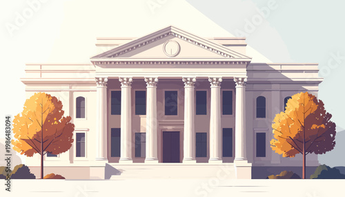 A grand neoclassical building with a pediment and columns, flanked by trees with autumn foliage, bathed in soft light