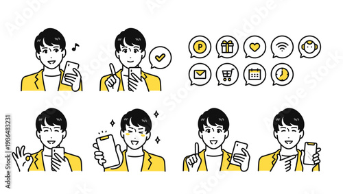 スマートフォンを持つビジネスカジュアルな若い男性と通知アイコンセット