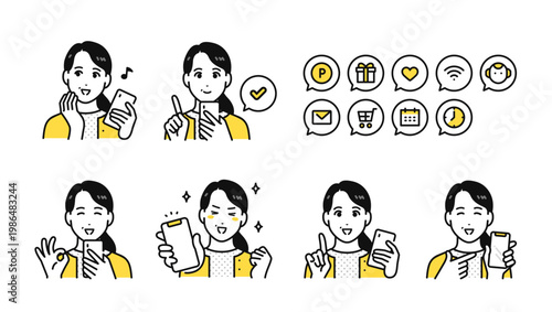 スマートフォンを持つミドル女性と通知アイコンセット